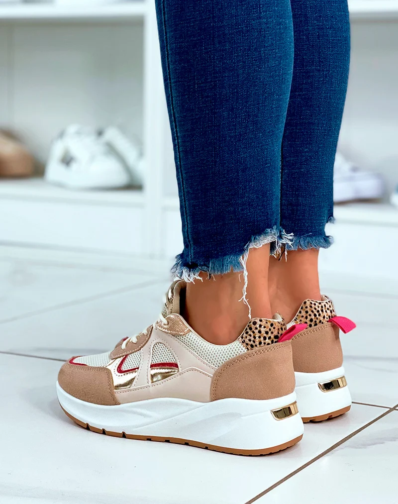 Baskets beige à lacets avec détails paillettes et empiècements beige