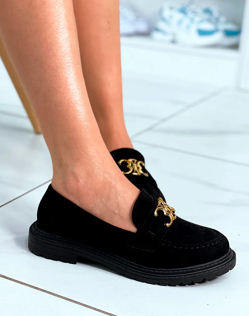 Mocassins noirs en suédine et à détail doré pour femme