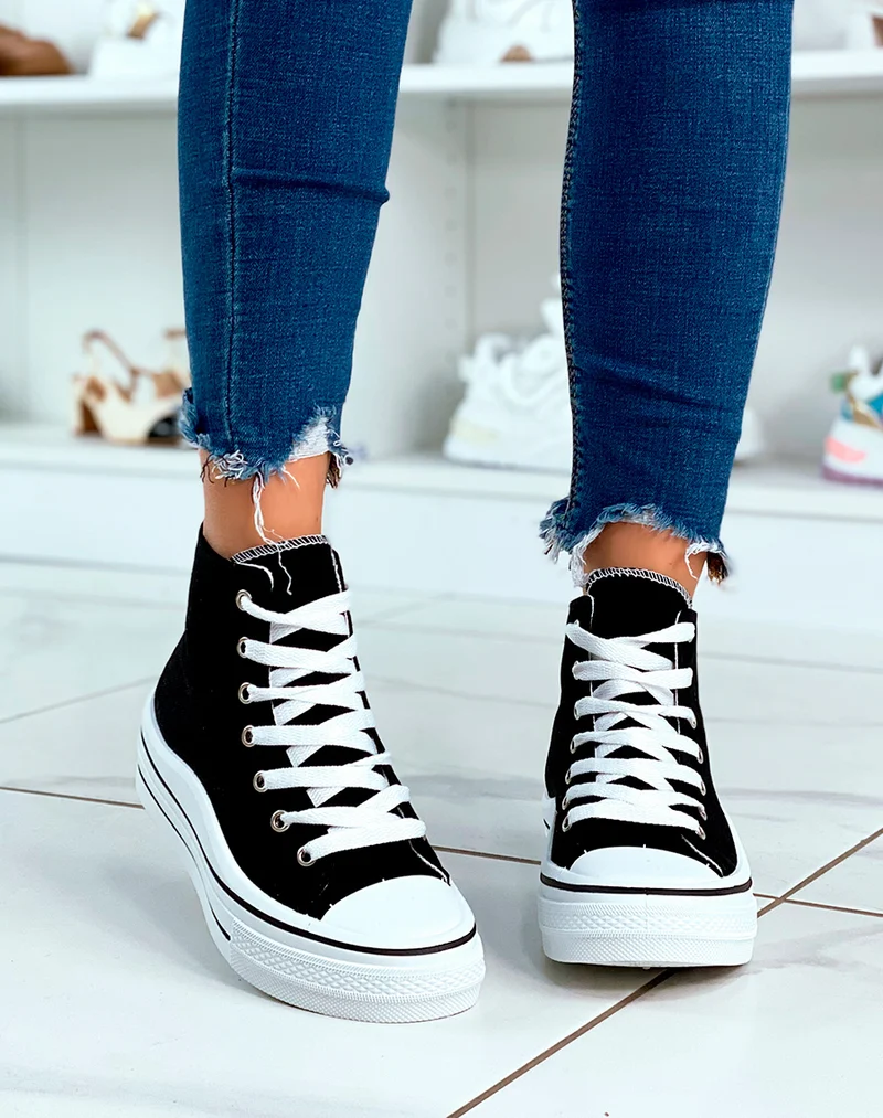 Baskets montantes noires à lacet avec plateforme pour femme
