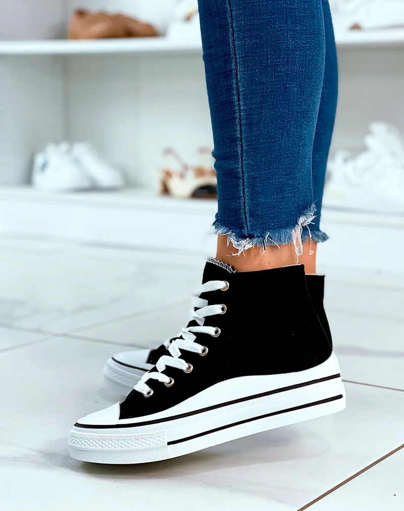 Baskets montantes noires à lacet avec plateforme pour femme