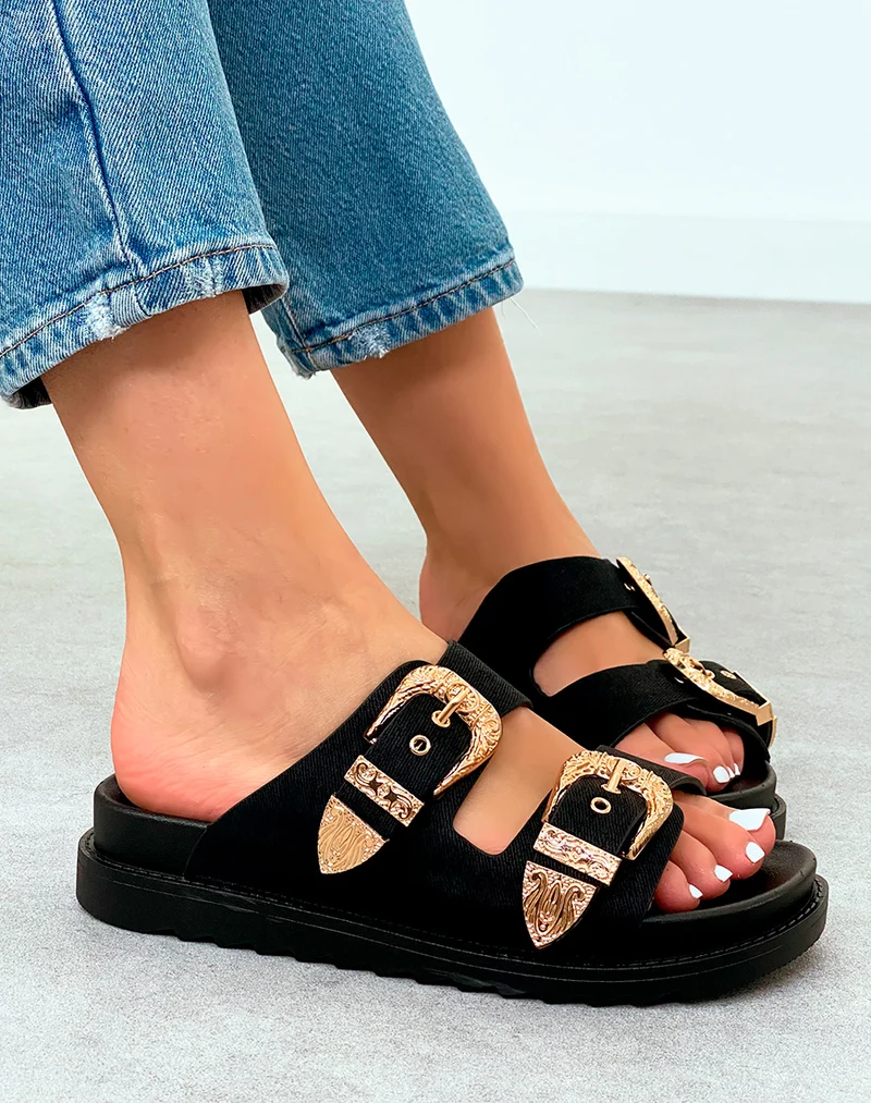 Mules Noires Élégantes avec Sangles et Boucles Dorées – Fusion de Confort et de Luxe