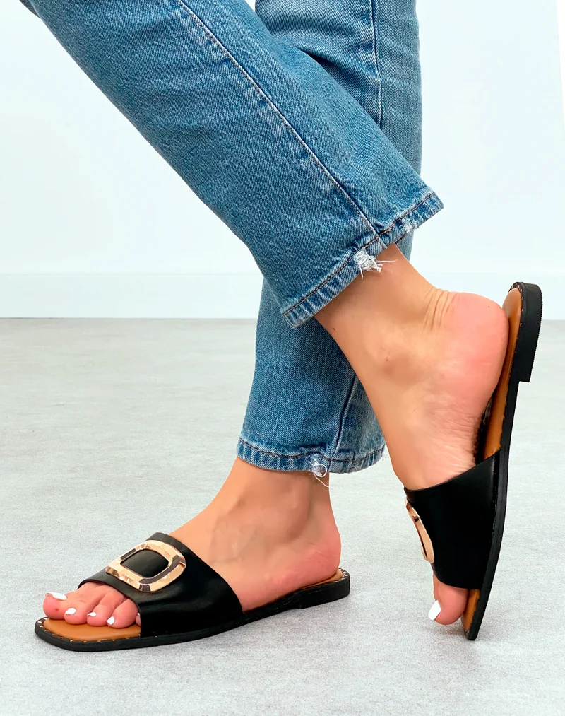 Mules femme noires éclat d'or avec semelle cloutée