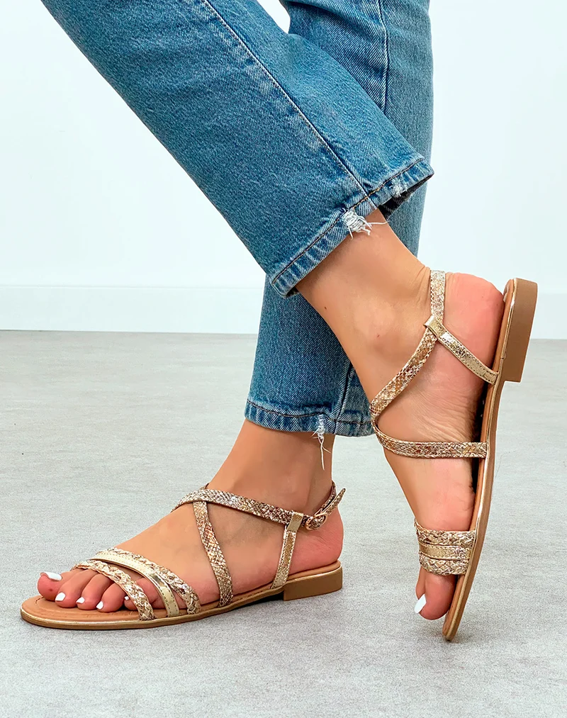 Nu-pieds Femme effet serpent à multiples brides à détail dorée et corde