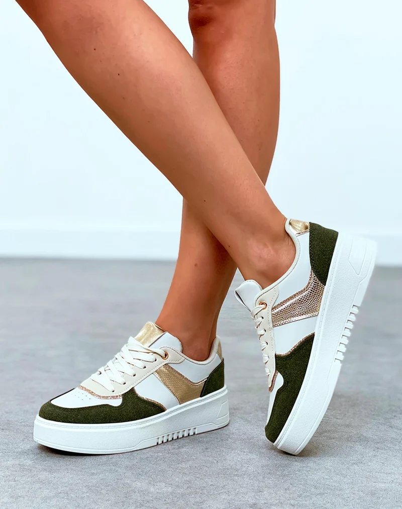 Baskets femme bi-couleurs vert kaki à empiècements et détail dorée