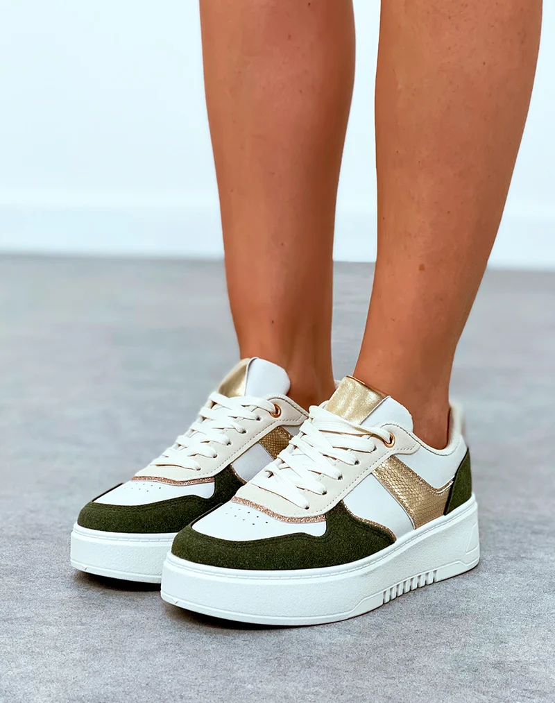 Baskets femme bi-couleurs vert kaki à empiècements et détail dorée