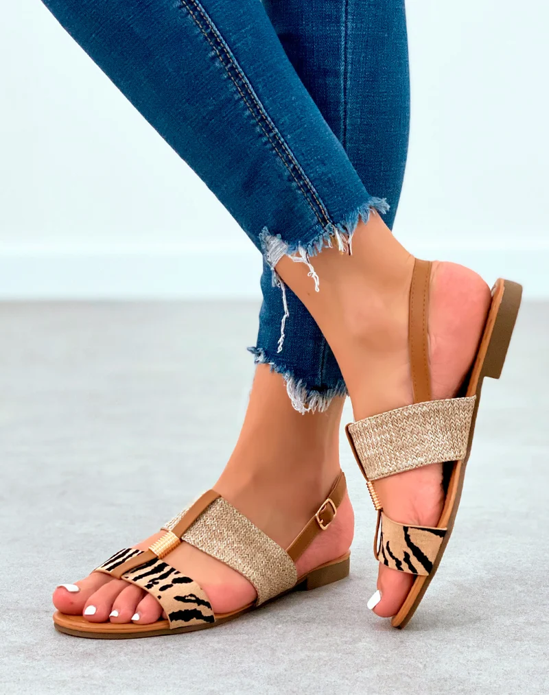 Nu-pieds à grosses lanières zèbres et toile de jute