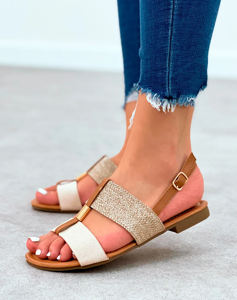 Nu-pieds à grosses lanières beige et toile de jute