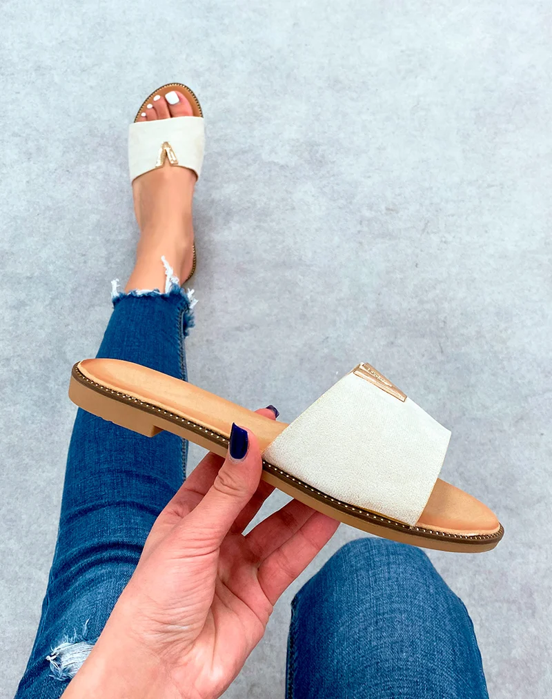 Mules beige en suédine à détails doré