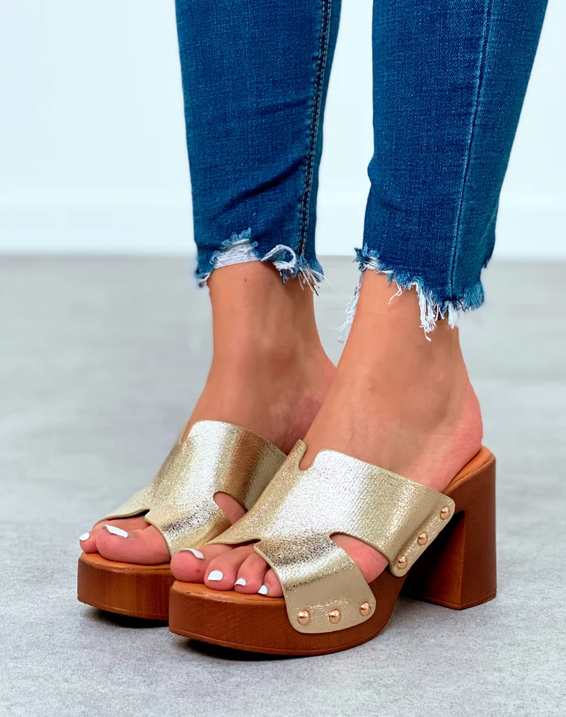 Mules sabots dorés à talons carrés pour femme