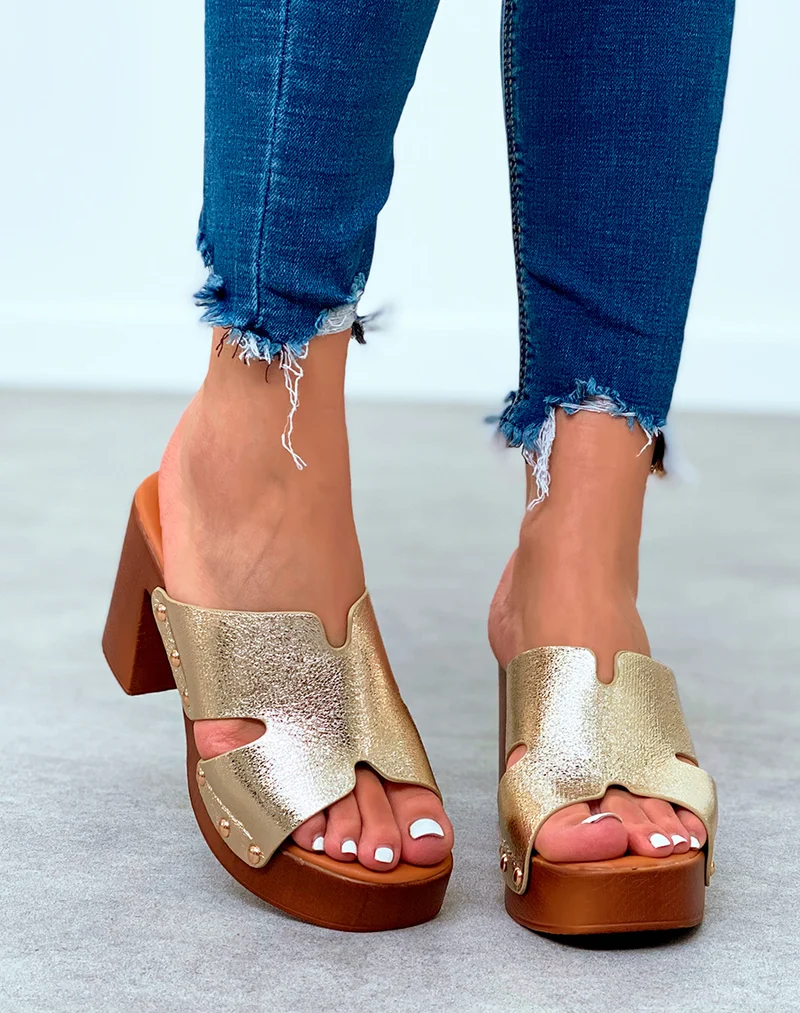 Mules sabots dorés à talons carrés pour femme