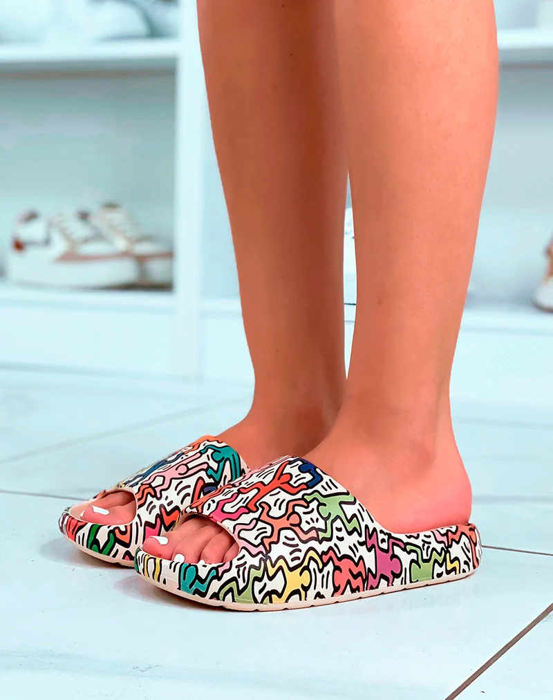 Mules beige à motifs multicolores