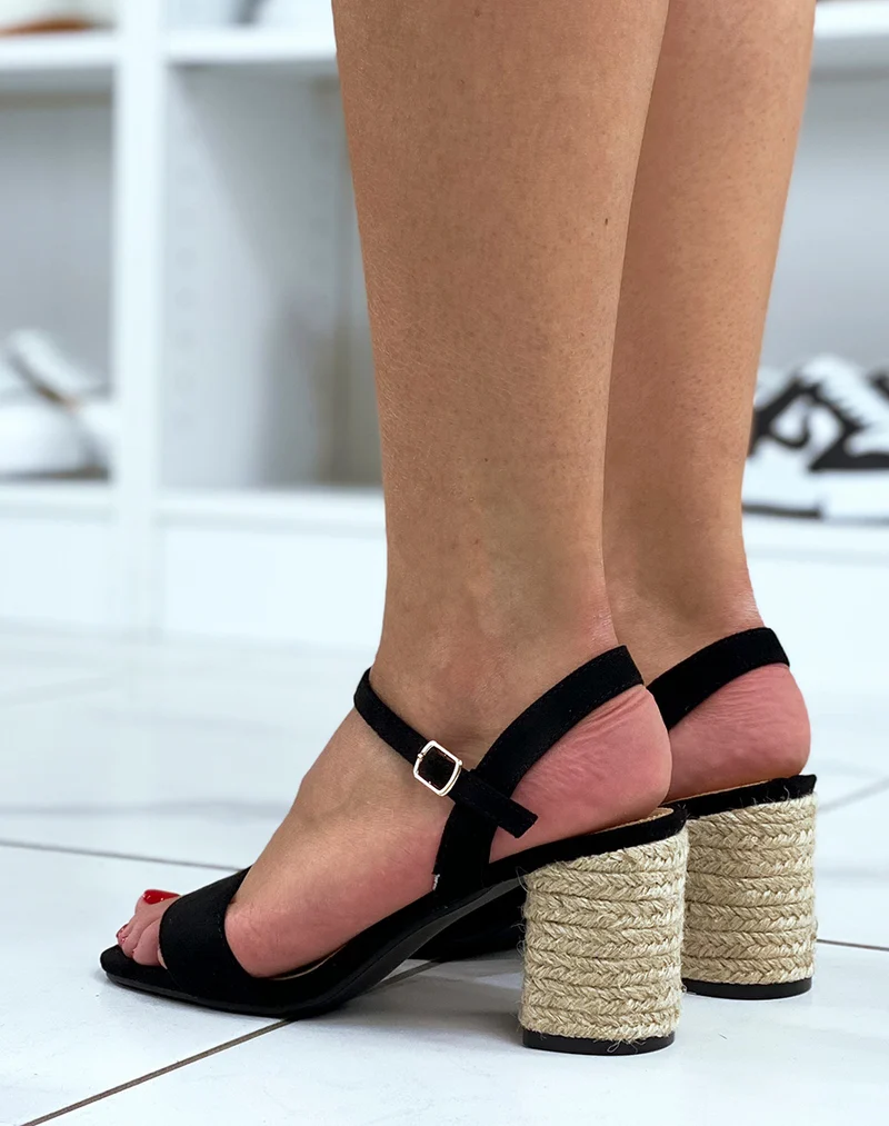 Sandales noires en suédine à talon en jute