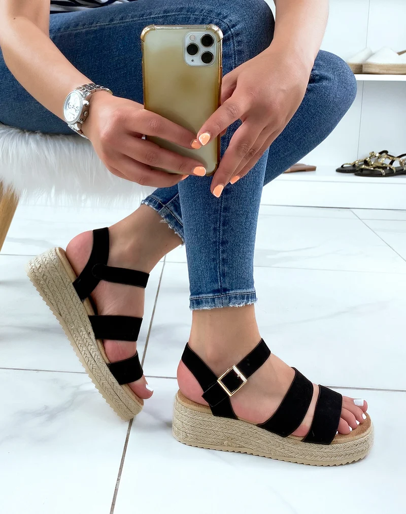Sandales compensées noires à double brides épaisses et semelle en toile de jute