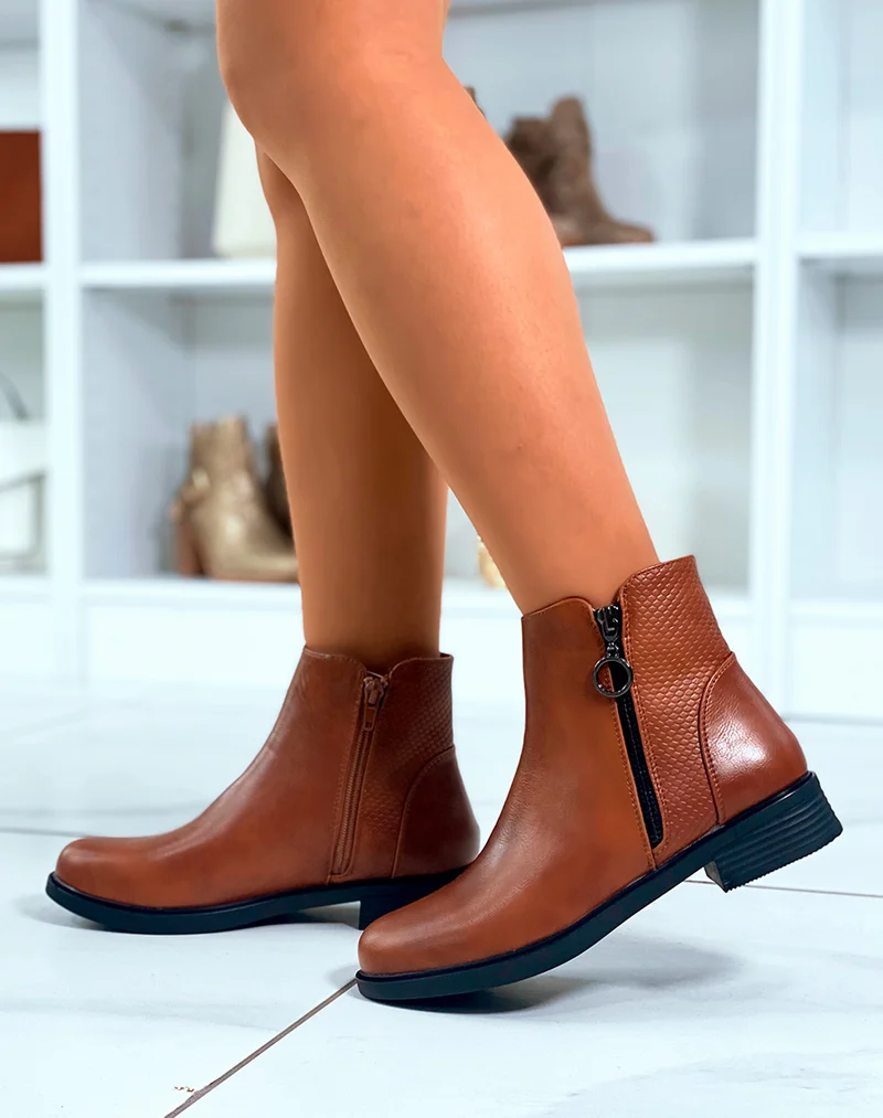Bottines Camel Bi-Matière : Effet serpent pour femme