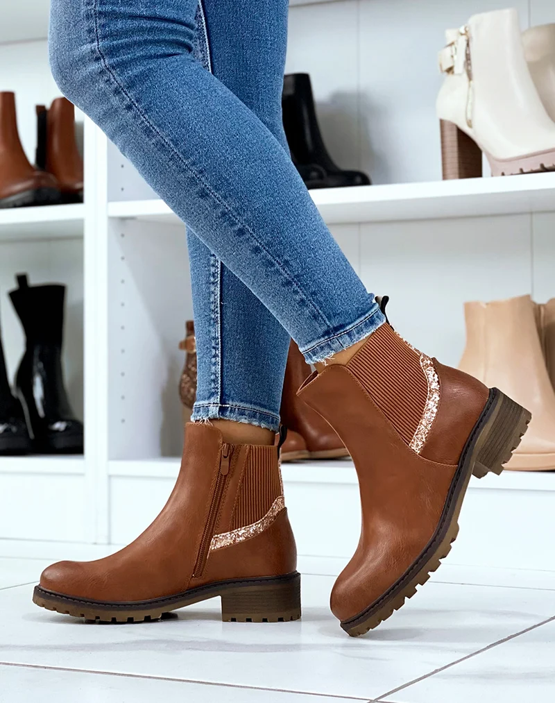 Bottines camel à élastique pailleté