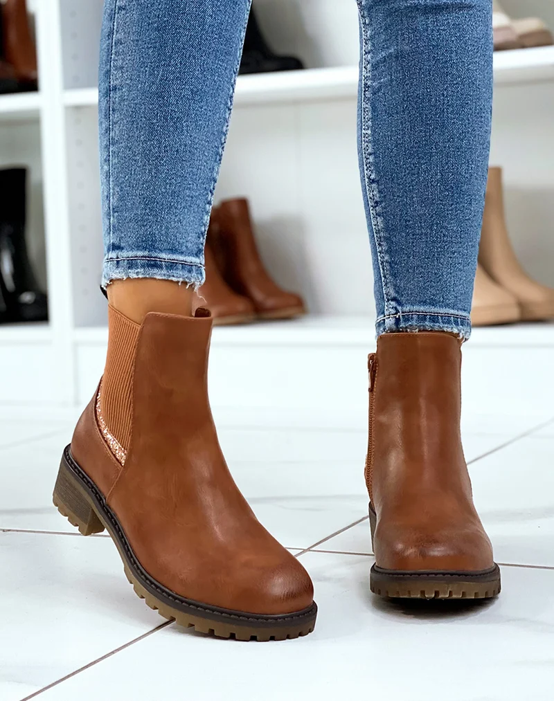 Bottines camel à élastique pailleté