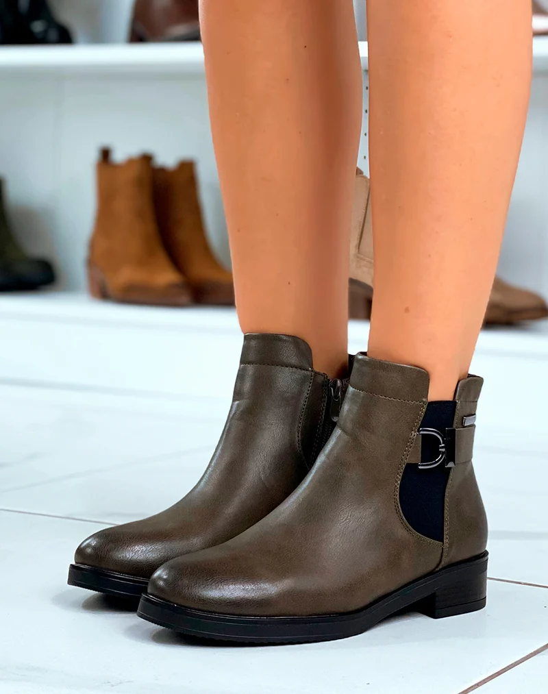 Bottines vertes kaki à élastique et détail argentés