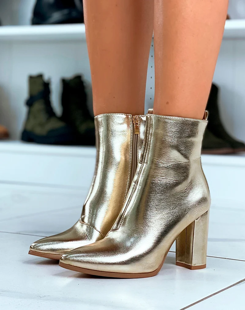 BOTTINES FEMME DORÉE À TALON À BOUT POINTU