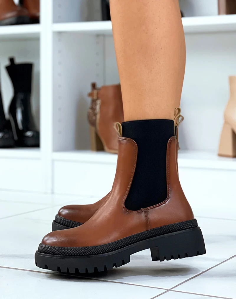 Bottines camel foncé style chelsea à élastique montant