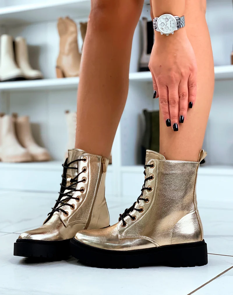Bottines Éclat Doré à Lacets et Semelle Crantée pour Femme