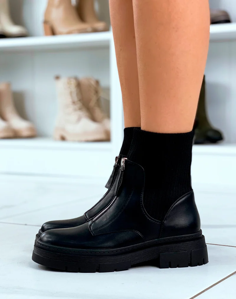 BOTTINES NOIRES MONTANTES EFFET CHAUSSETTES AVEC ZIP POUR FEMME