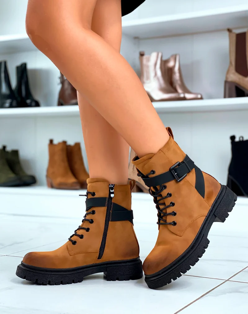 Bottines Camel à Lacet avec Brides Ajustables pour Femmes