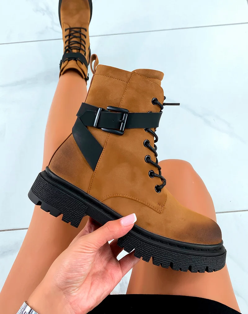 Bottines Camel à Lacet avec Brides Ajustables pour Femmes