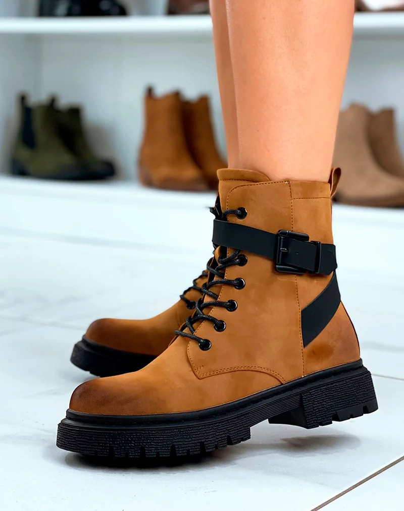 Bottines Camel à Lacet avec Brides Ajustables pour Femmes