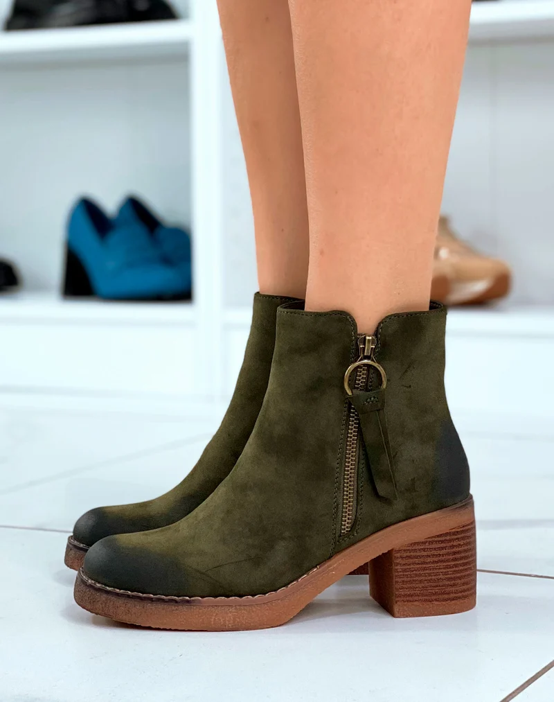 Bottines Femme Vert Subtiles : Effet Daim & Zip