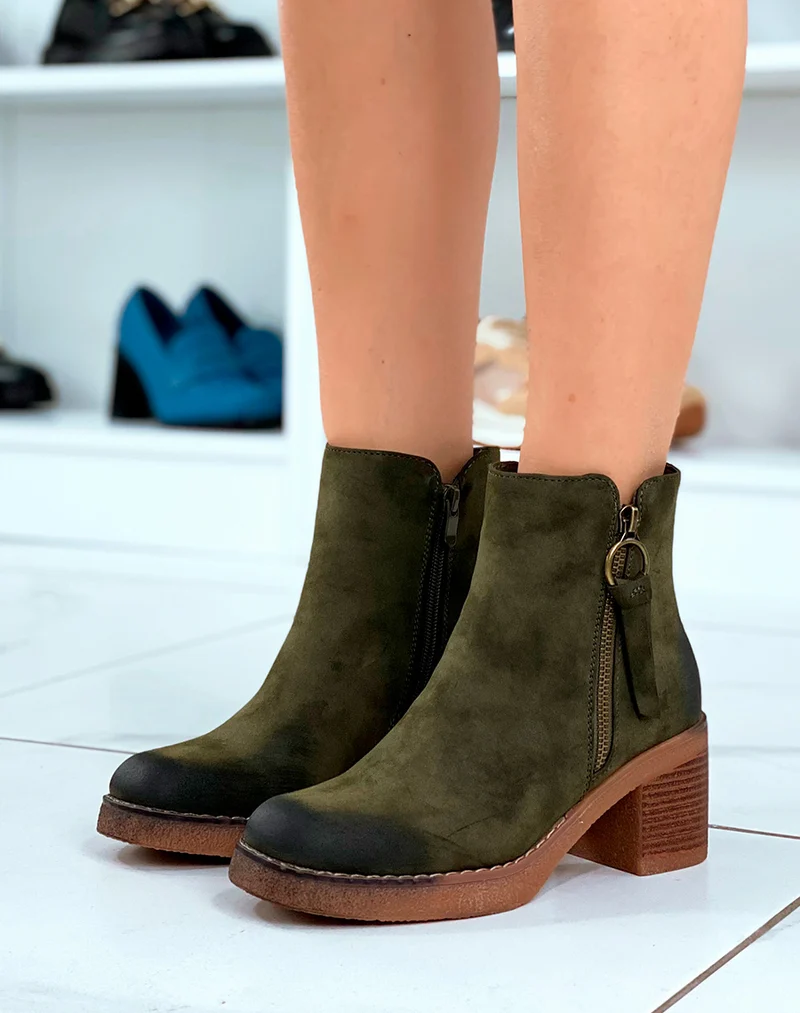 Bottines Femme Vert Subtiles : Effet Daim & Zip