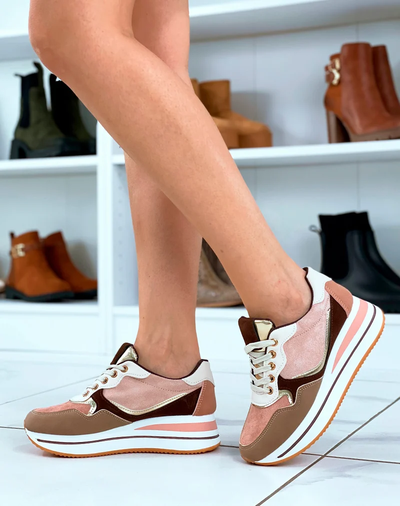 Baskets femme roses talonnade & empiècements 3D