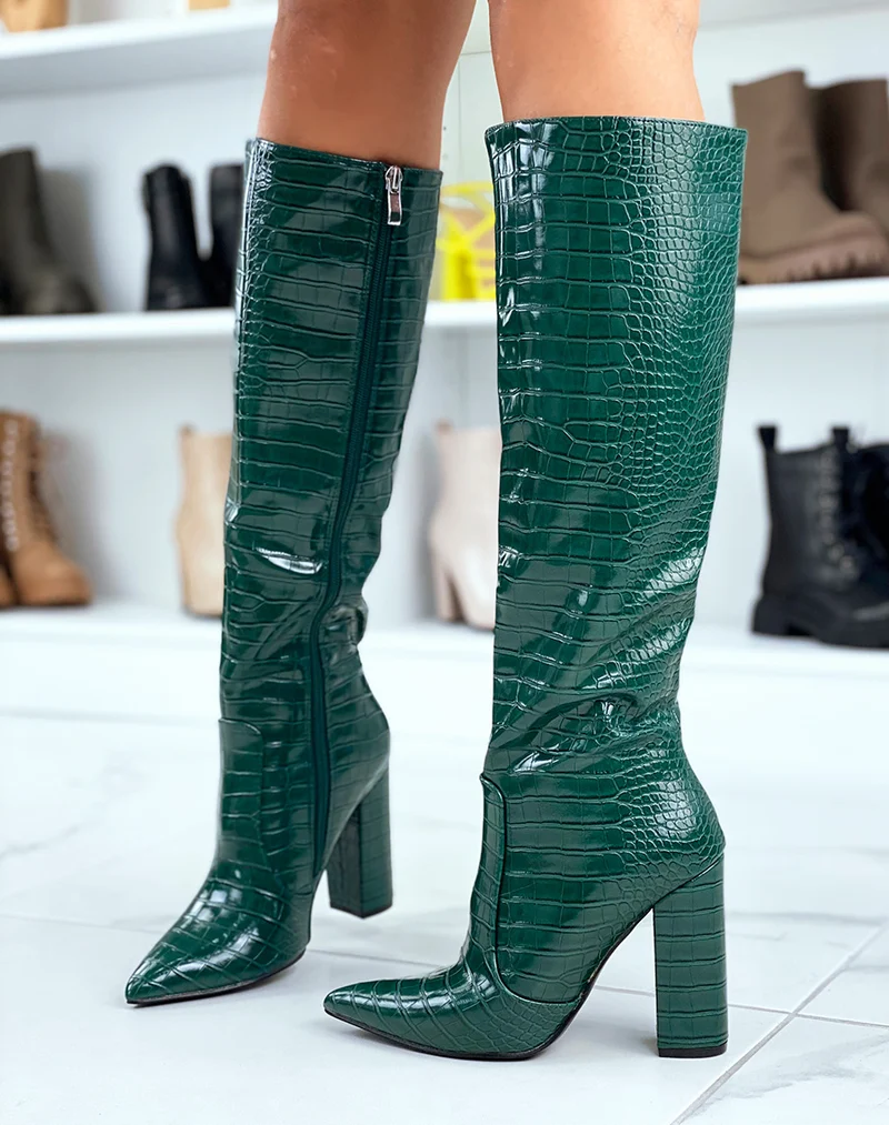 Bottes vertes pointues effet croco à talon