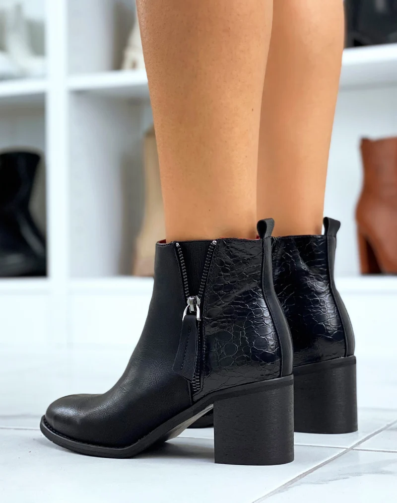 Bottines noires à talons carrés bi-matières effet croco