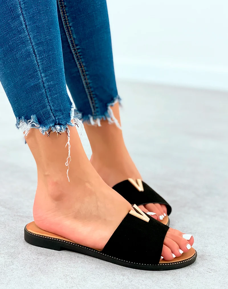 Mules noires en suédine à détails doré