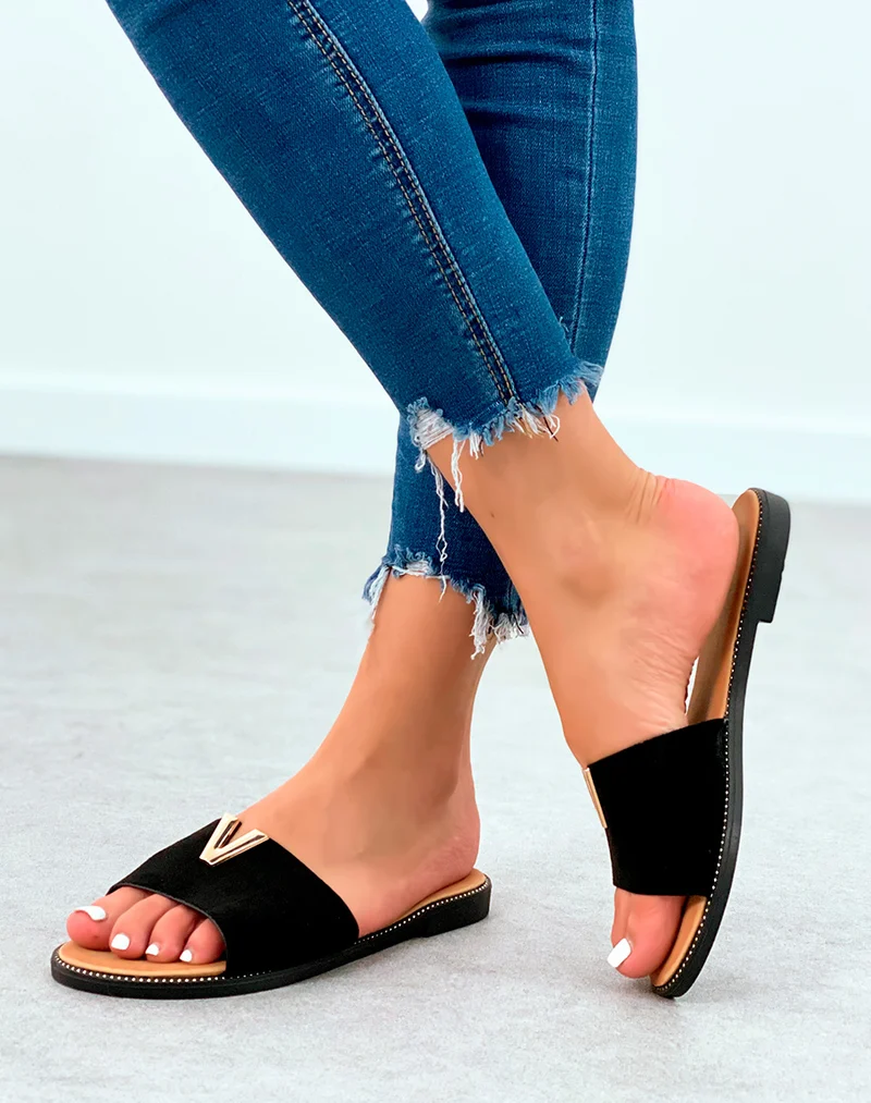 Mules noires en suédine à détails doré