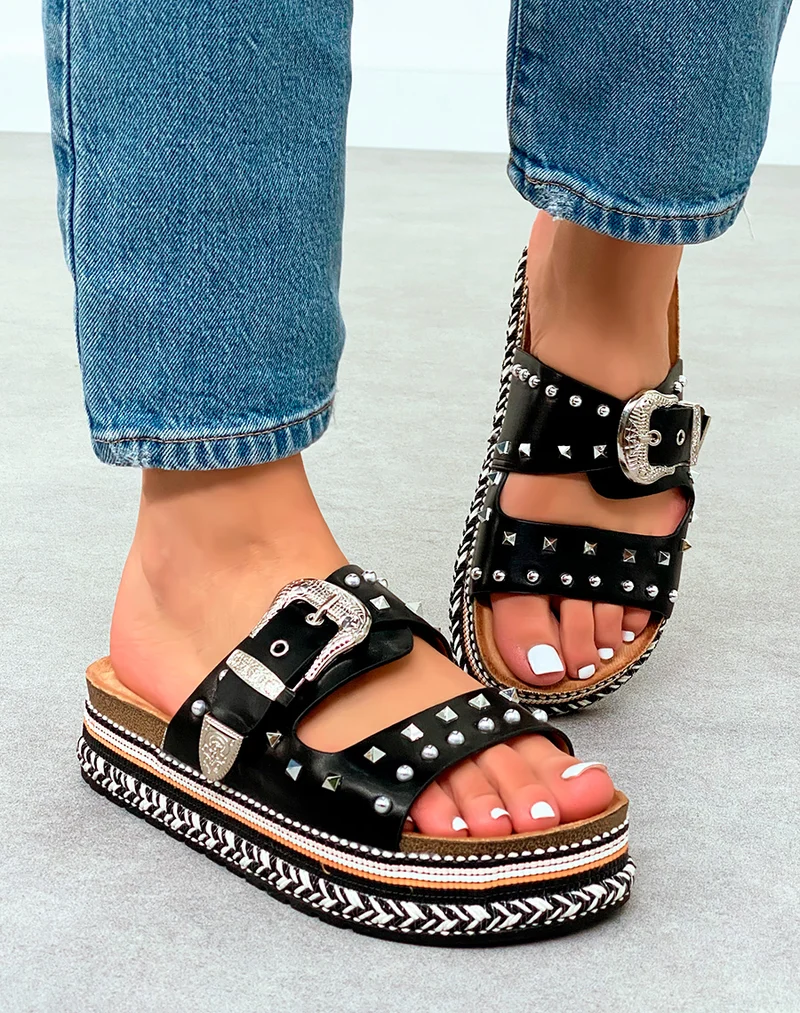 Mules Femme Noires Cloutées à Plateforme Tissée Noir et Blanc