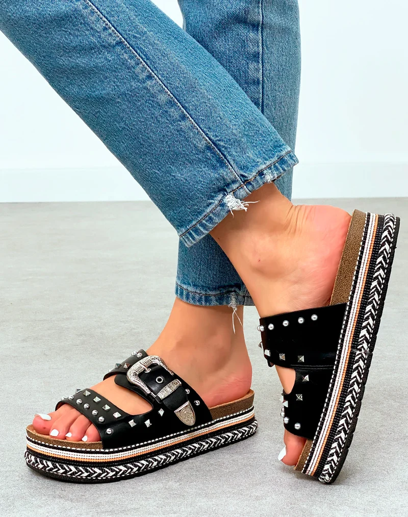 Mules Femme Noires Cloutées à Plateforme Tissée Noir et Blanc