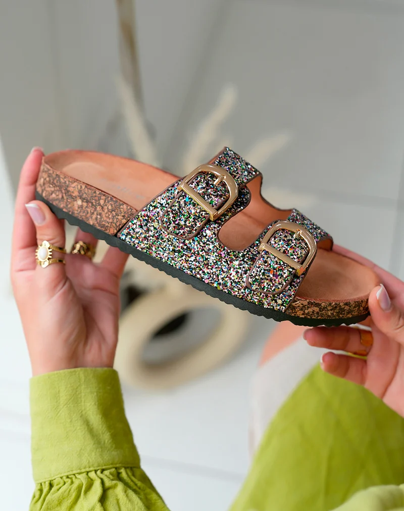 Mules Femme Noires Paillettes Multicolores et Semelle Liège Confort