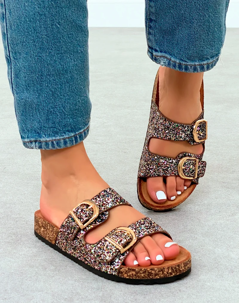 Mules Femme Noires Paillettes Multicolores et Semelle Liège Confort