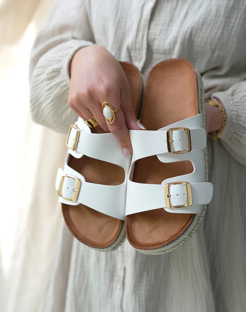 Sandales Plateforme Femme Blanches Tendance à Double Sangle Dorée