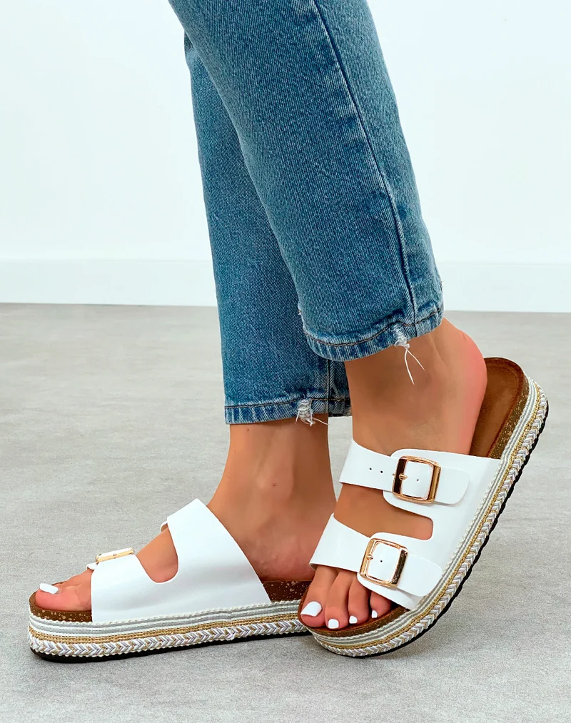 Sandales Plateforme Femme Blanches Tendance à Double Sangle Dorée