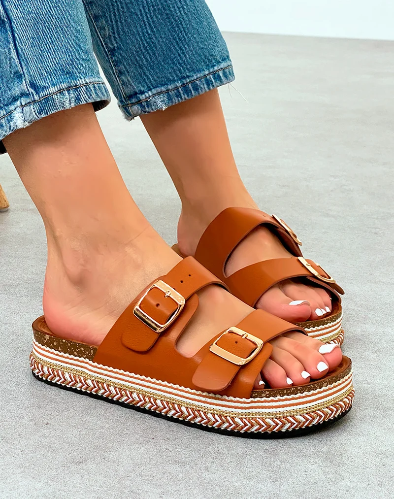 Mules Camel à Triple Sangle et Plateforme Tressée Femme
