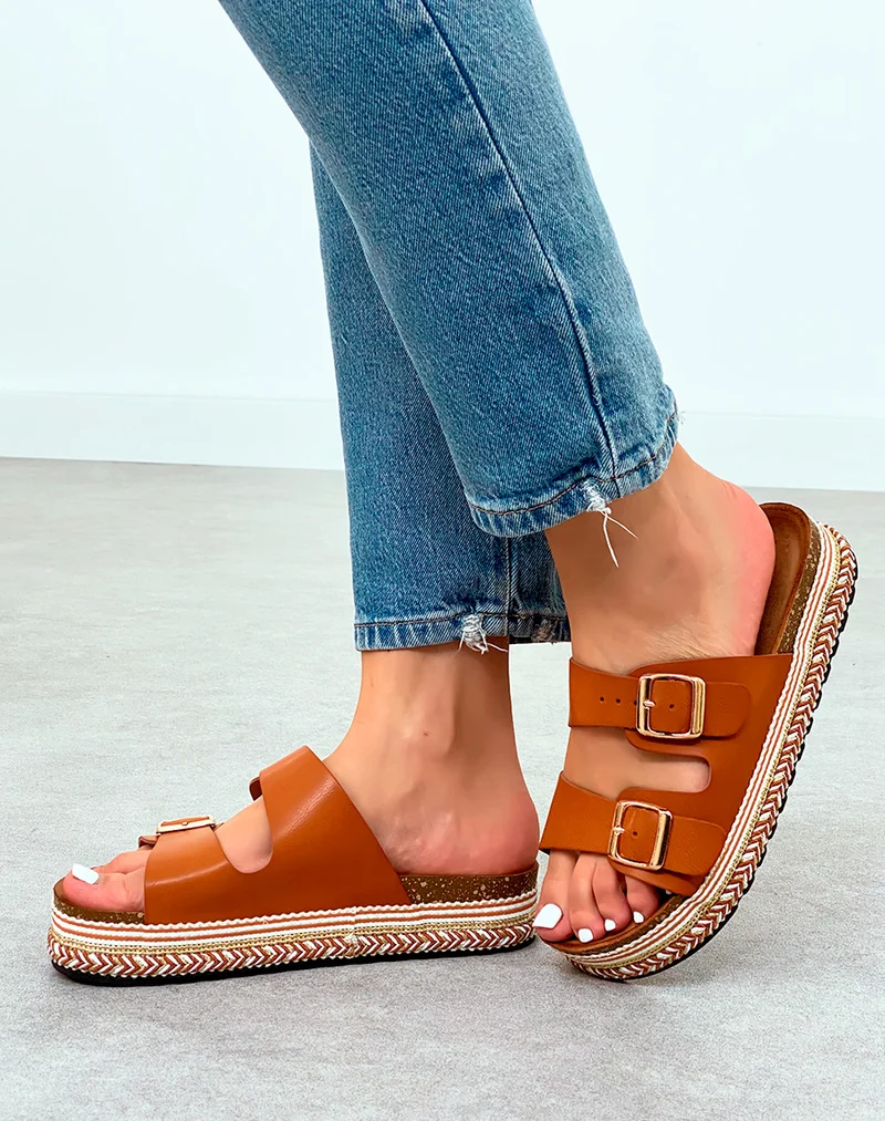 Mules Camel à Triple Sangle et Plateforme Tressée Femme