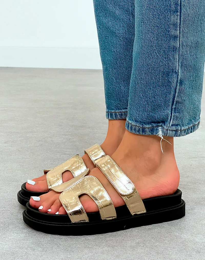 Mules Femme Dorées Effet Croco à Plateforme Tendance avec Lanière Scratch