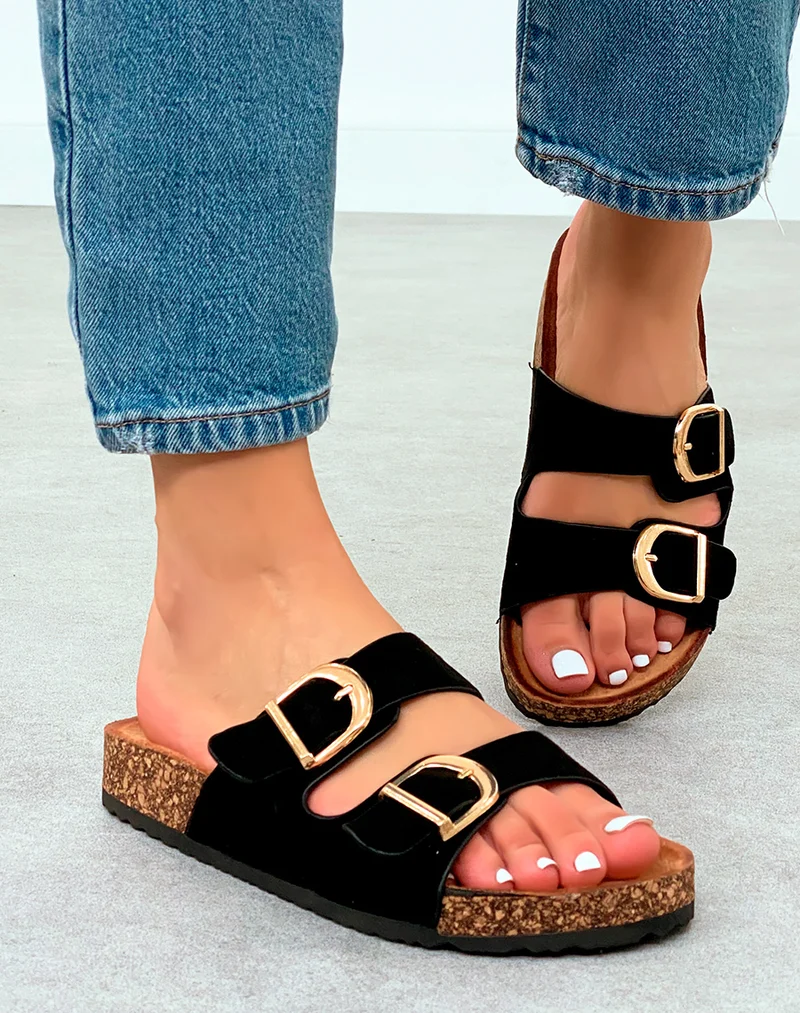Mules Noires en Suédine avec Double Sangle et Semelle Compensée Marron – Allure Chic au Quotidien