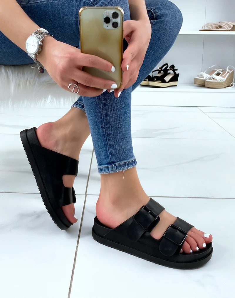 Mules noires à double brides avant