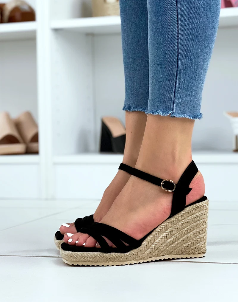 Compensées noires à triple brides et talon carré