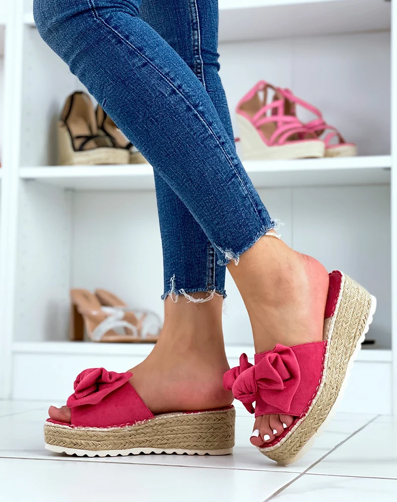 Mules compensées rose fushia à nœud