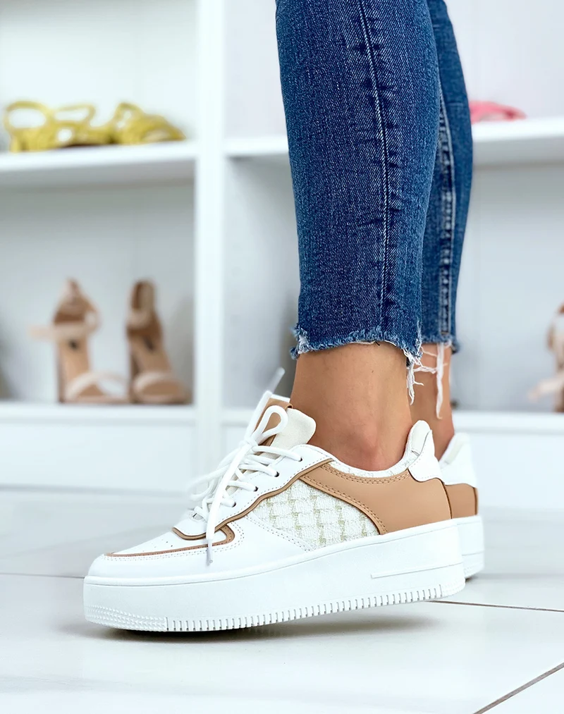 Baskets blanches et beiges effet tweed