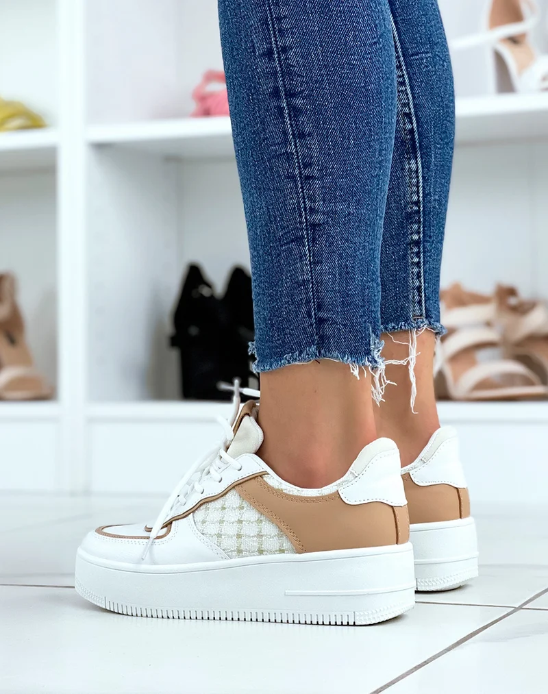 Baskets blanches et beiges effet tweed